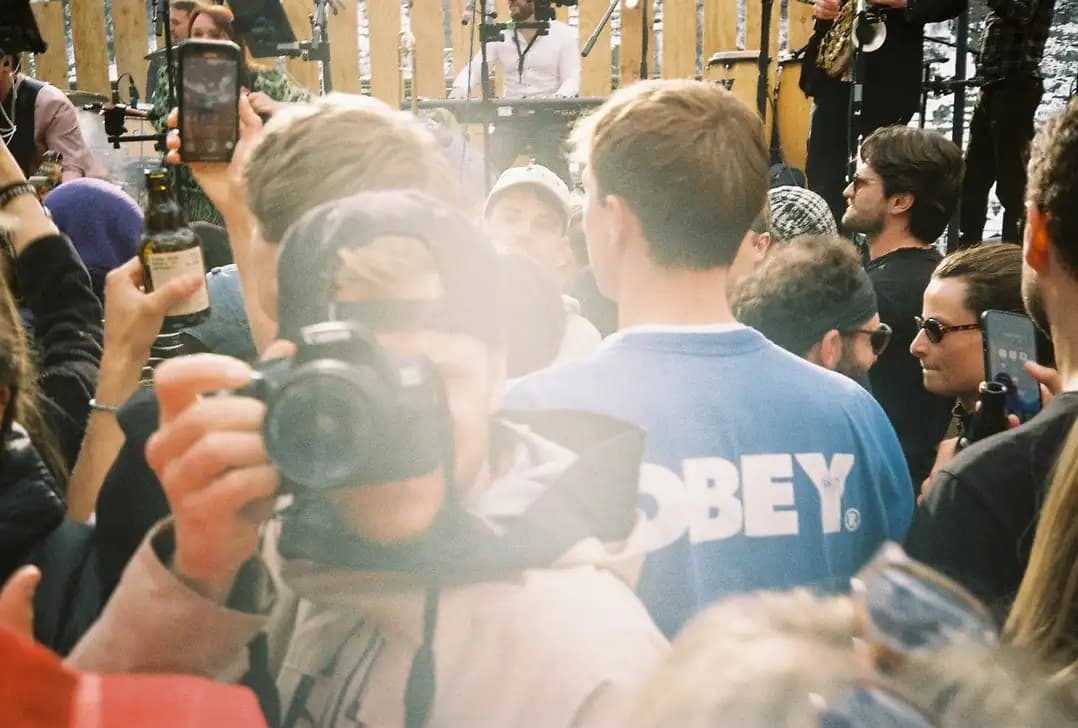 Celestin capturing the lively après-ski scene in Zermatt with the Matterhorn in the background
